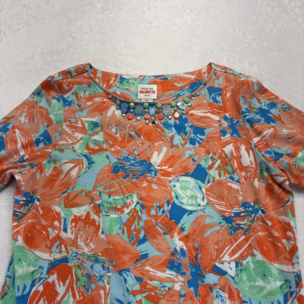 Ruby Rd Top Women's Petite Large Coral Floral 3/4 Sleeve Embellished Favorites